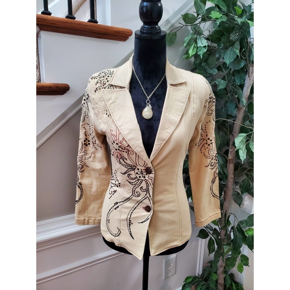 VTG Vanity Petite Tan Cotton Long Sleeve Single Breasted Buttons Front Blazer PP